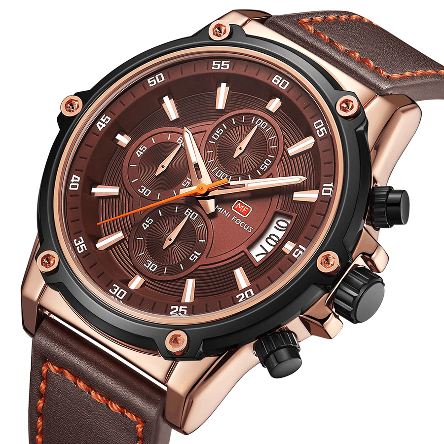 MINI FOCUS MF0175G Military Style Luminous Date Leather Strap Men Wrist Watch Quartz Watch - Trendha