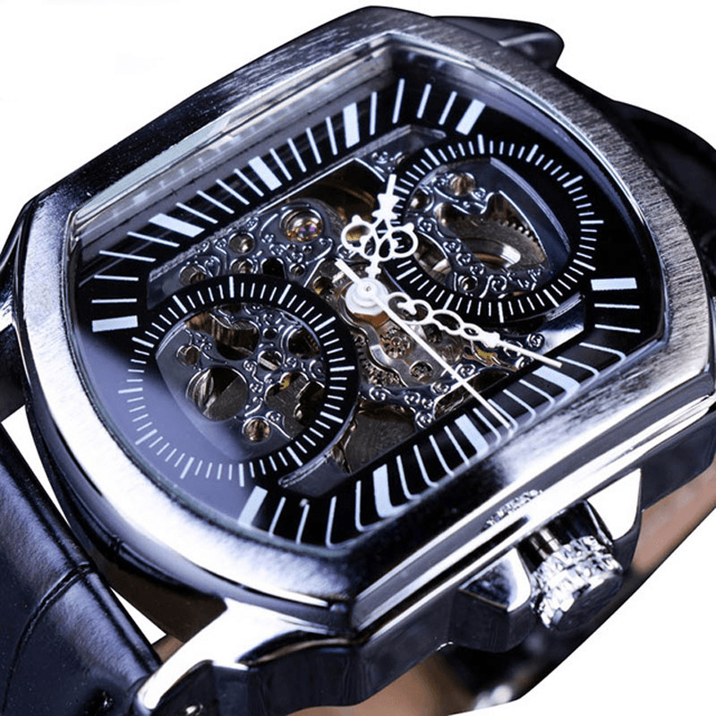 Forsining GMT911 Fashion Men Watch Hollow Engraving Design Leather Strap Mechanical Watch - Trendha