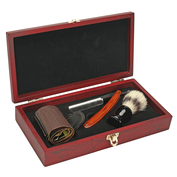 4Pcs Shaver Kit Cut Throat Straight Razor Shaving Brush Strop Wooden Box Gift Set - Trendha