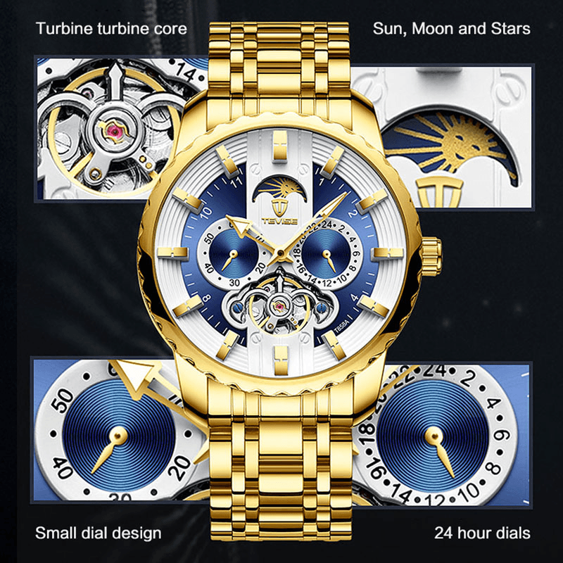 TEVISE T856A Calendar Automatic Mechanical Watch Luminous Display Full Steel Men Watch - Trendha