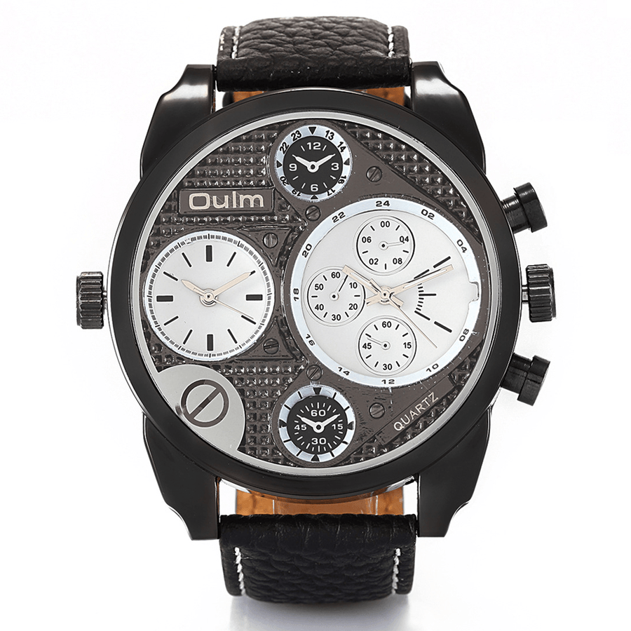 Oulm 9316 Vintage Fashion Men Watch Large Dial Dual Time Zone Waterproof Leather Band Quartz Watch - Trendha