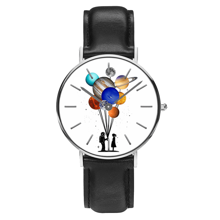 Casual Style Men Watch Cartoon Astronaut Colorful Planet Print PU Leather Strap Clock Quartz Watches - Trendha