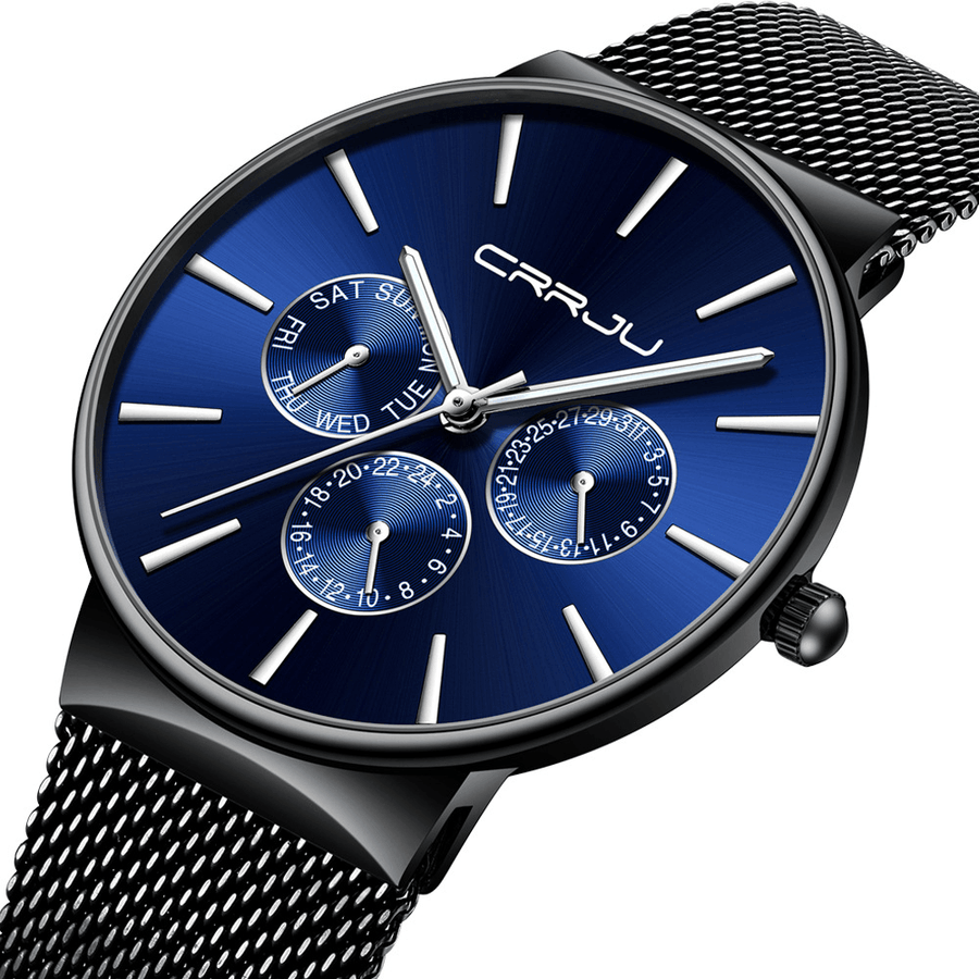 CRRJU 2155 Men Blue Three Small Dial Calendar Fashion Steel Strap Casual Quartz Watch - Trendha