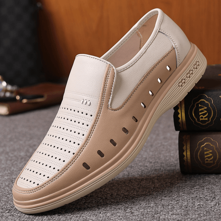 Breathable Cowhide Leather Slip-On Casual Shoes for Men with Hollow Out Design - Trendha