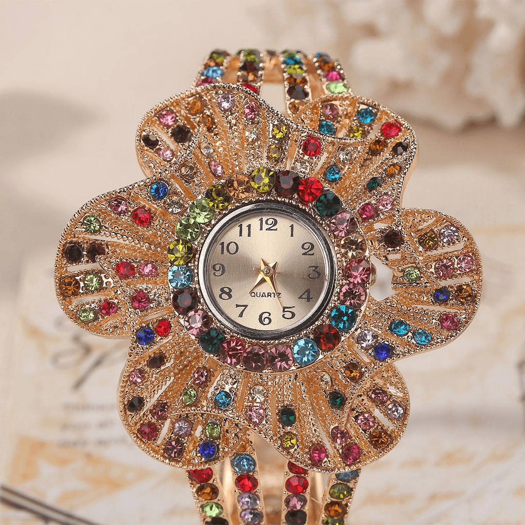 Fashion Crystal Flower Shape Dial Hollow Metal Strap Women Quartz Watch - Trendha