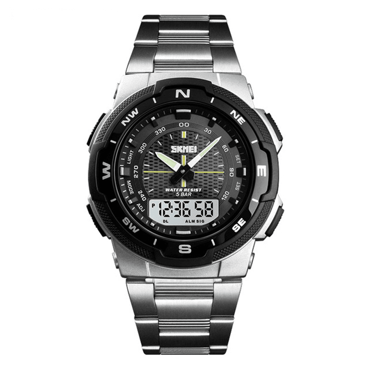 SKMEI 1370 Stainless Steel Waterproof Chrono Dual Digital Watch Business Style Men Wrist Watch - Trendha