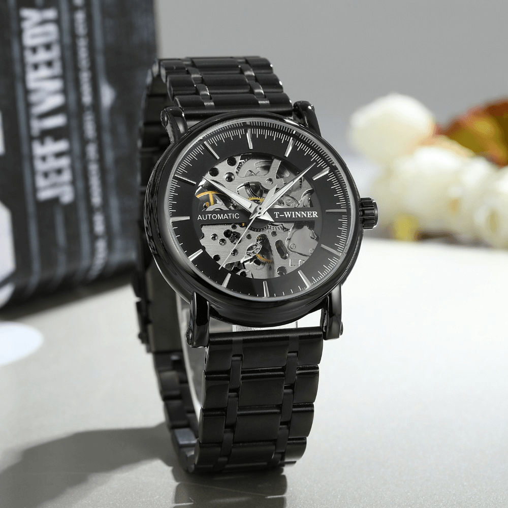 Alloy Automatic Mechanical Watch Full Steel Fashion Hollow Business Men Watch - Trendha