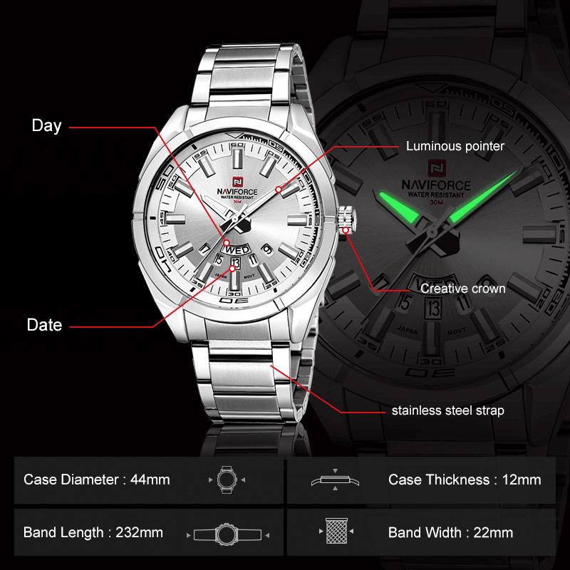 NAVIFORCE 9038 Waterproof Calendar Men Wrist Watch Luminous Display Full Steel Clock Quartz Watches - Trendha