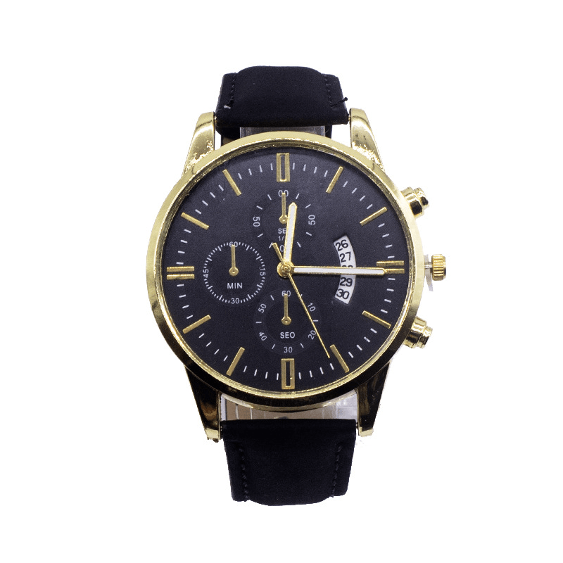 Fashion Business Men Watch Bracelet Set 2Pcs Calendar Clock Alloy Case Leather Band Male Quartz Watch - Trendha