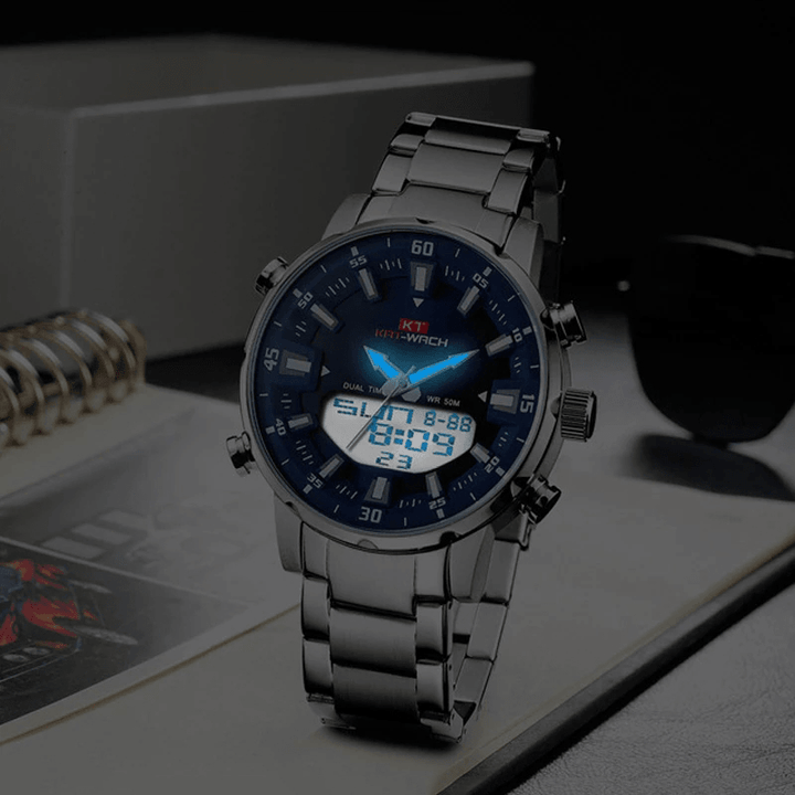 KAT-WACH KT1815 Multifunction Digital Watch Luminous LED Chronograph Calendar Alarm Clock 5ATM Waterproof Outdoor Men Dual Display Watch - Trendha
