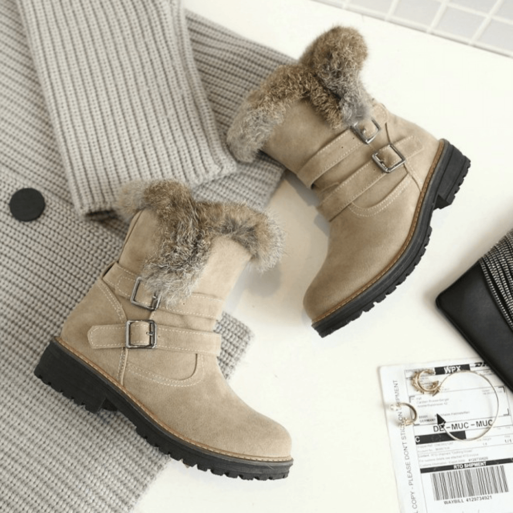 Women Solid Color round Toe Casual Elegant Buckle Fluff Flanging Snow Boots - Trendha