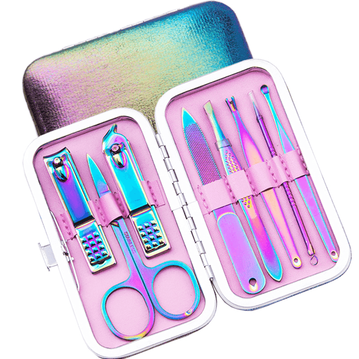 8Pcs Rainbow Stainless Steel Nail Clippers Set Professional Scissors Suit with Box Trimmer Grooming Manicure Cutter Kits - Trendha