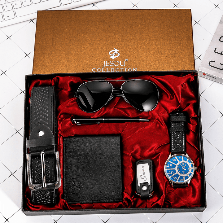 6PCS Fashion Gift Set Quartz Watch+Pen+Belt+Key Chain+Wallet +Sunglasses - Trendha