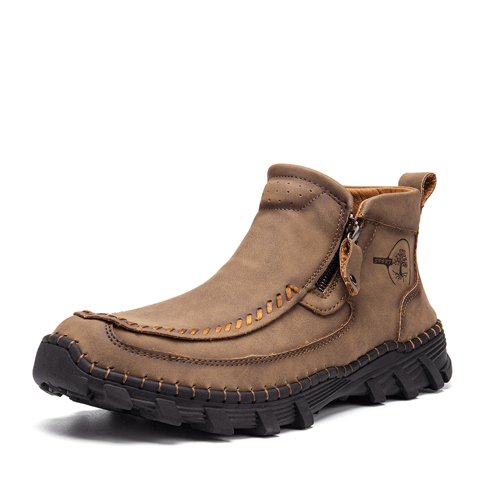 Men Outdoor Hand Stitching Non Slip Soft Sole Side Zipper Ankle Boots - Trendha