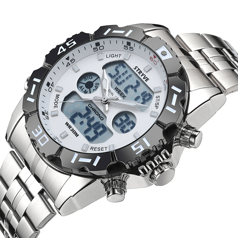 STRYVE S8011 Chronograph Alarm Calendar Stainless Steel Sport Dual Display Digital Watch - Trendha