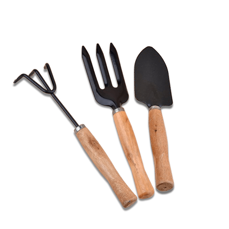 3Pcs Garden Hand Tools Set Iron Gardening Shovel Spade Rake Trowel Wood Handle - Trendha