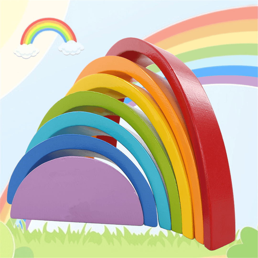 KINGSO Wooden Rainbow Toys 7Pcs Rainbow Stacker Educational Learning Toy Puzzles Colorful Building Blocks for Kids Baby Toddlers - Trendha