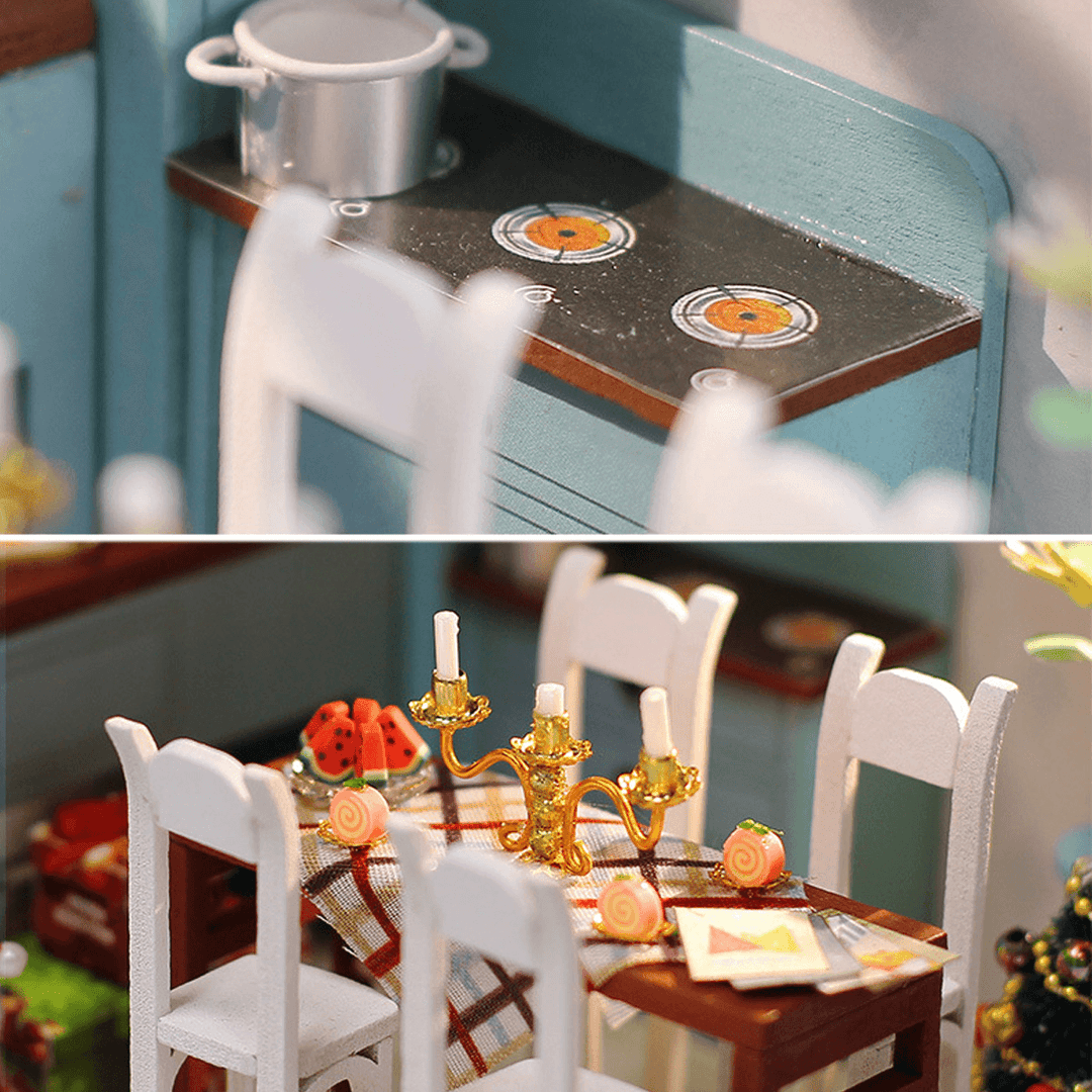 Wooden Dining Room DIY Handmade Assemble Doll House Miniature Furniture Kit Education Toy with LED Light for Collection Birthday Gift - Trendha