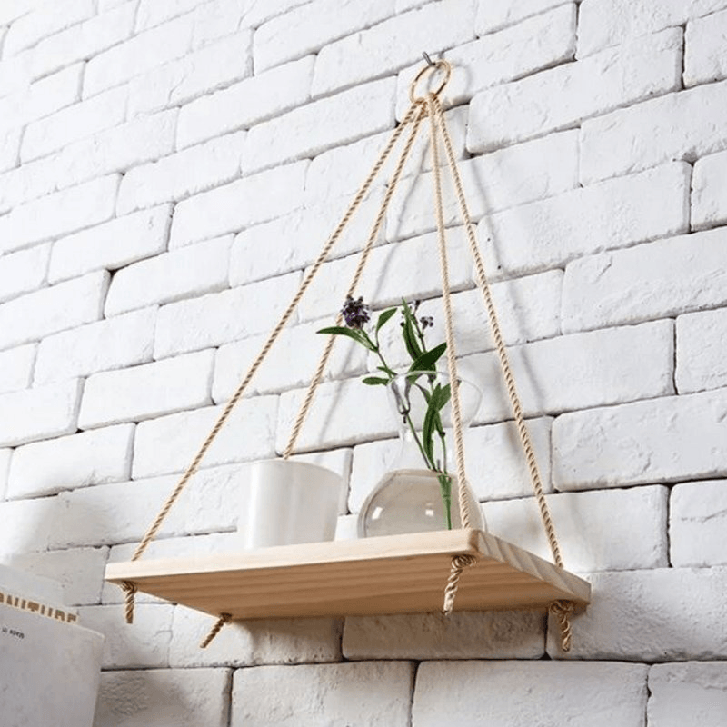 35Cm/45Cm Single Layer Wooden Rope Hanging Wall Shelf Vintage Floating Storage Rack Wall Mount Bookshelf Home Decorations Stand - Trendha