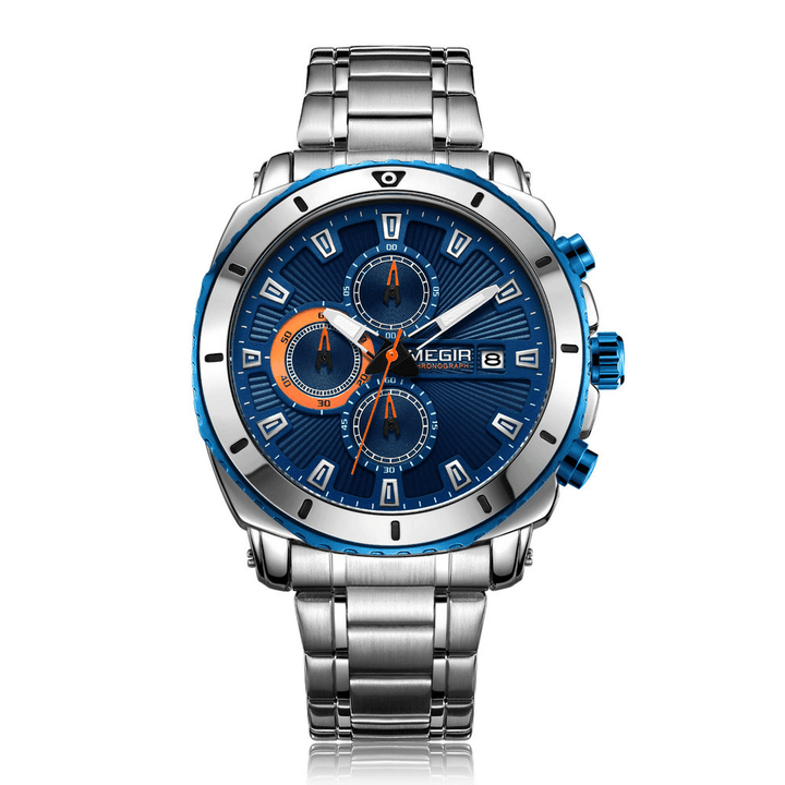 MEGIR 2075 Business Style Chronograph Luminous Date Display Bracelet Clasp Steel Men Quartz Watch - Trendha