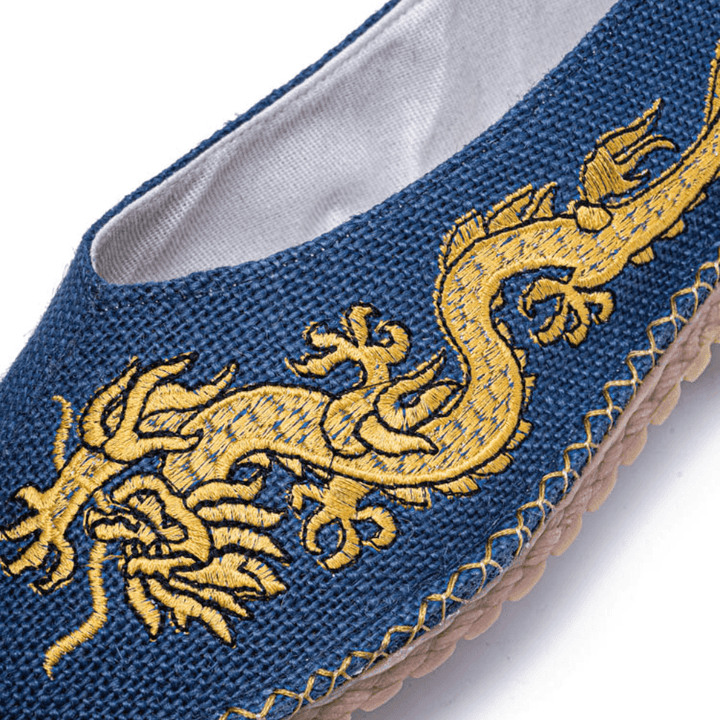 Men Breathable Non Slip Old Peking Dragon Embroidery Comfy Casual Linen Shoes - Trendha