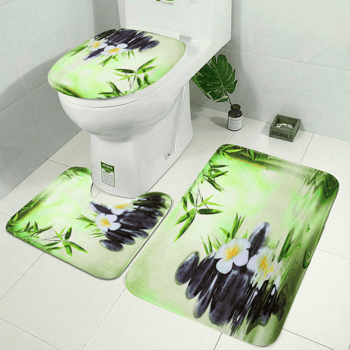 Bamboo Printing Waterproof Bathroom Shower Curtain Toilet Cover Mat Non-Slip Carpet - Trendha