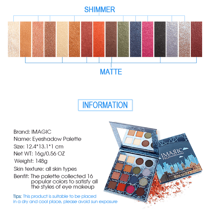 IMAGIC Professional Shimmer Matte Eyeshadow Palette 16 Colors Natural Eye Shadow Waterproof Lasting Pressed Cosmetic - Trendha