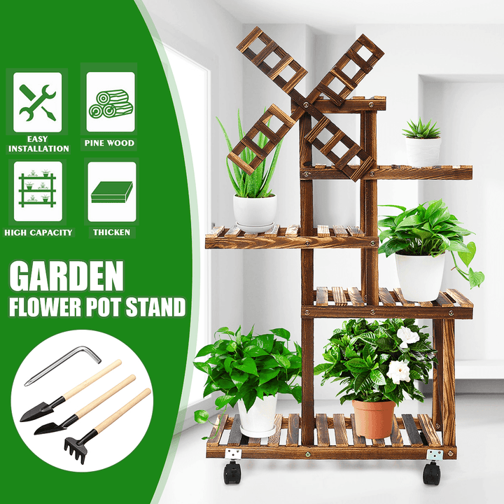 Multi-Layer Wooden Flower Stand Plants Shelf Flower Potted Windmill Plant Holder Display Outdoor Decor Planting Tools Kit - Trendha
