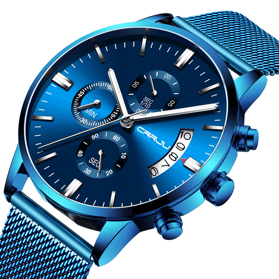 CRRJU 2273 Men Fashion Blue Dial Full Mesh Steel Strap Sport Clock Waterproof Quartz Watch - Trendha