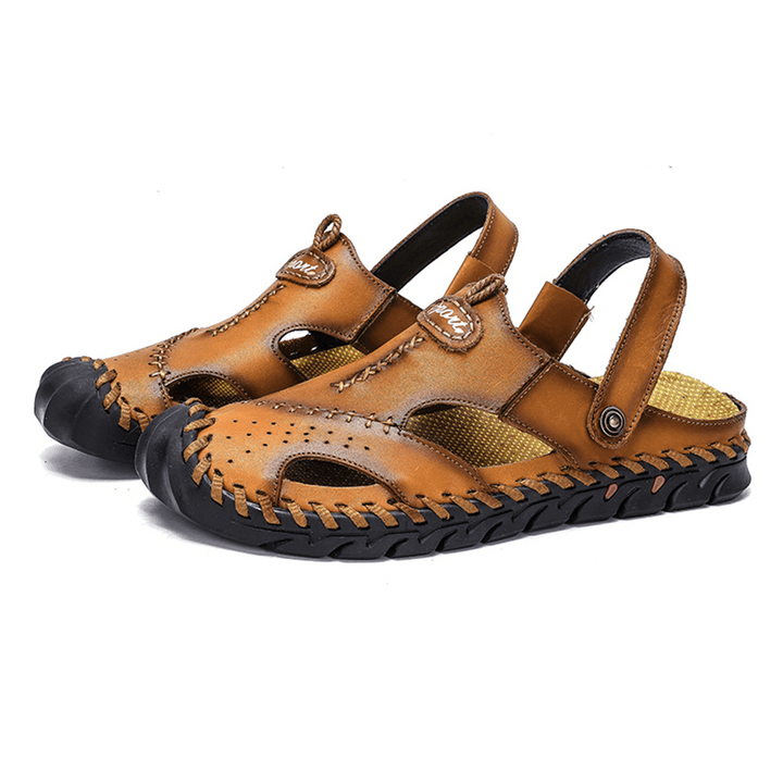 Men Hand Stitching Non Slip Outdoor Casual Beach Leather Sandals - Trendha