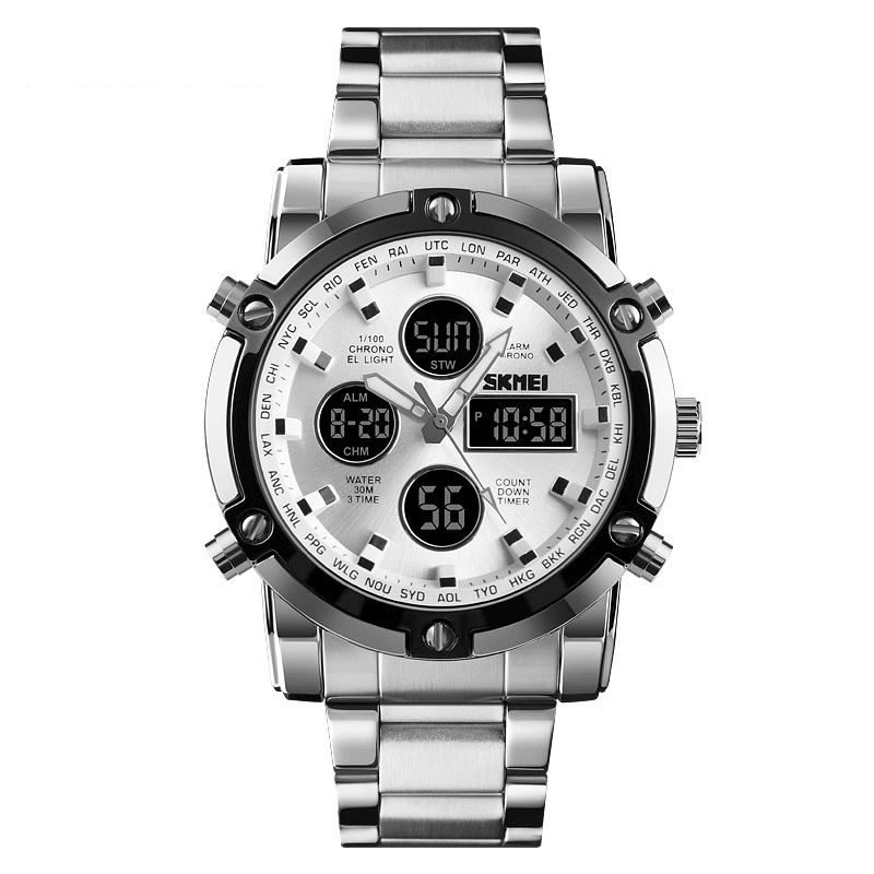 SKMEI 1389 Business Style Multifunction Big Dial Quartz Watch Waterproof Steel Band Men Wrist Watch - Trendha
