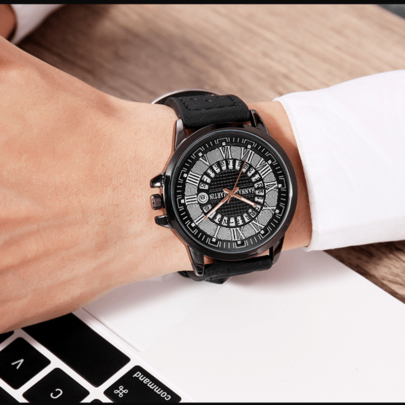 Fashion Casual Roman Numerals Creative Dial Date Display Leather Strap Men Quartz Watch - Trendha
