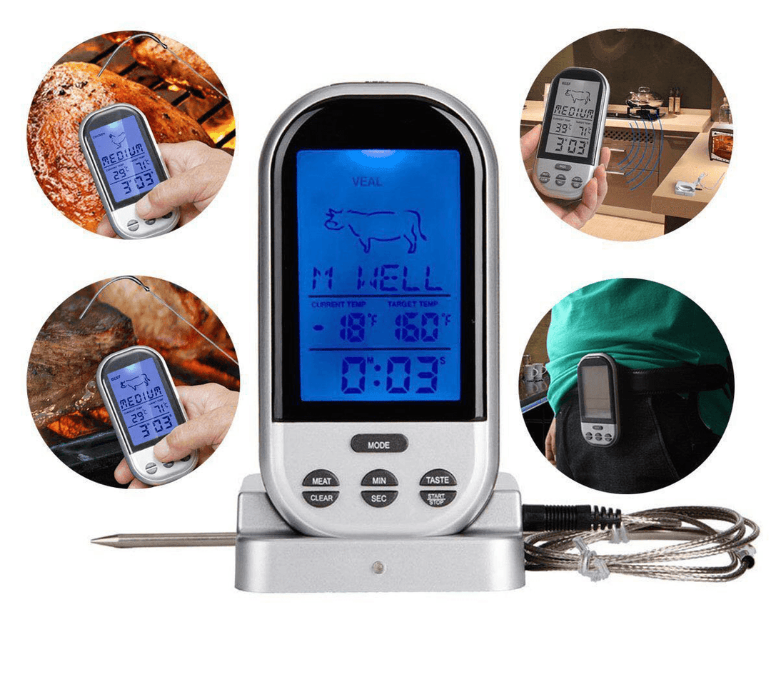 LCD Wireless Thermometer Barbecue Timer Digital Probe Cooking Thermometer Food Temperature Gauge - Trendha
