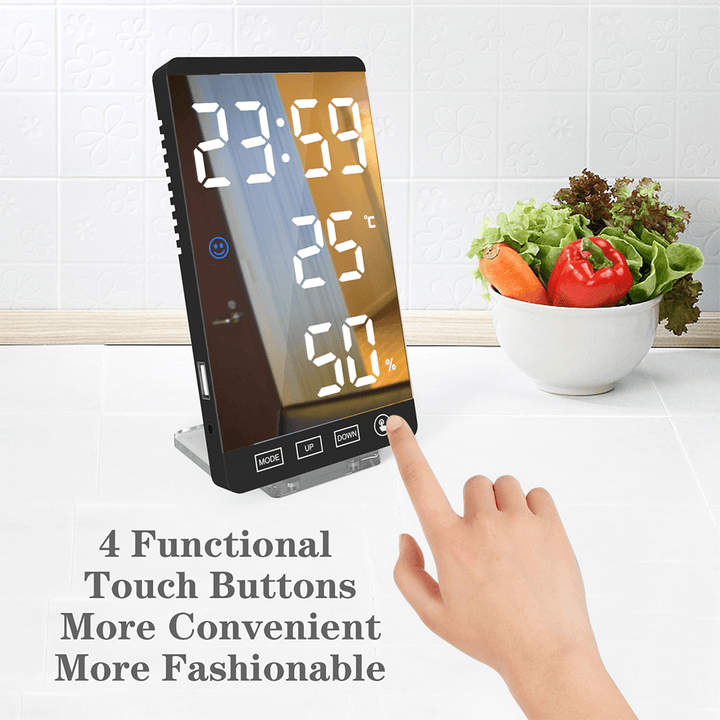 6 Inch LED Mirror Alarm Clock Touch Button Wall Digital Clock Time Temperature Humidity Display USB Output Port Table Clock - Trendha