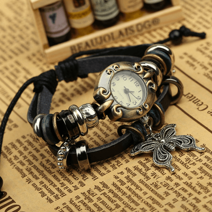 Deffrun Vintage Multilayer Cow Leather Women Bracelet Watch Butterfly Pendant Quartz Watch - Trendha