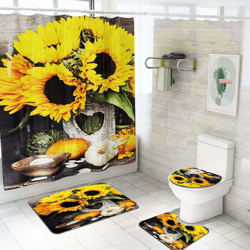 4PCS Non Slip Sunflower Pattern Toilet Polyester Cover Mat Set Waterproof Bathroom Shower Curtains - Trendha