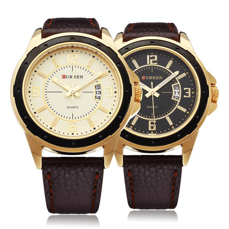 CURREN 8124 Black Gold Date Sport Leather round Men Wrist Watch - Trendha