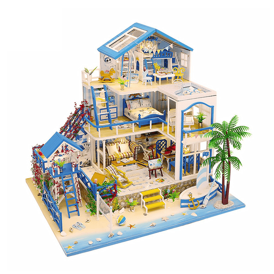 Wooden DIY Beach Villa Doll House Miniature Kit Handmade Assemble Toy with LED Light for Birthday Gift Collection Home Decor - Trendha