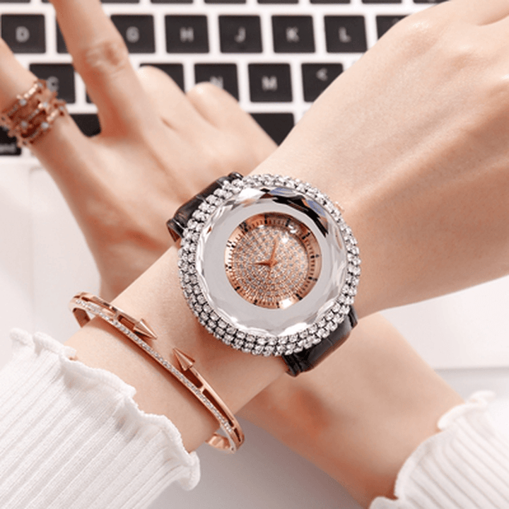 Deffrun Diamonds Elegant Design Ladies Wrist Watch PU Leather Strap Quartz Watches - Trendha