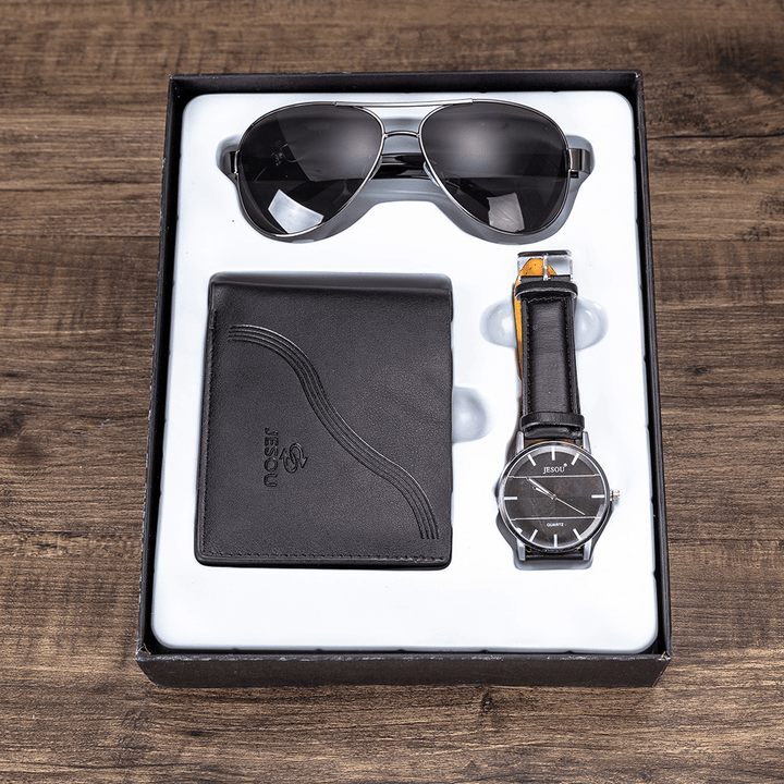 3PCS Men'S Fashion Gift Set Business Style Quartz Watch+Wallet +Sunglasses Set - Trendha