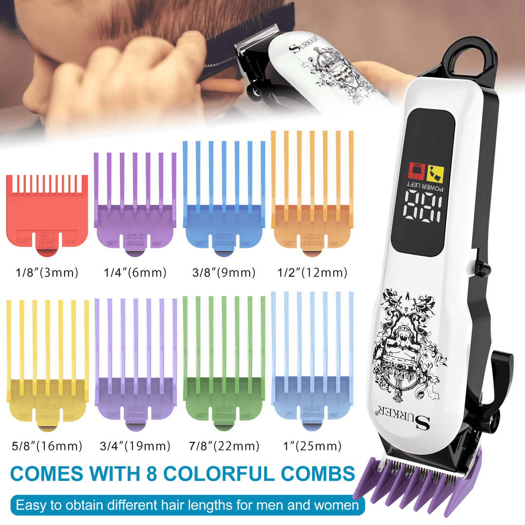 Surker Electric Hair Clipper Bread Trimmer Professional Cordless Shaver LED Dispaly Hair Cutting Kit W/ 8Pcs Limit Combs - Trendha