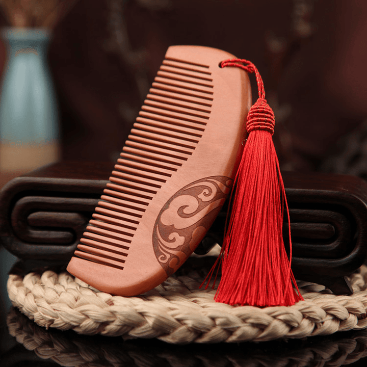 Wooden Comb Double-Sided Carving Peach Wood Comb Tassel Nanmu Mahogany Massage Hair Scalp Hair Care - Trendha