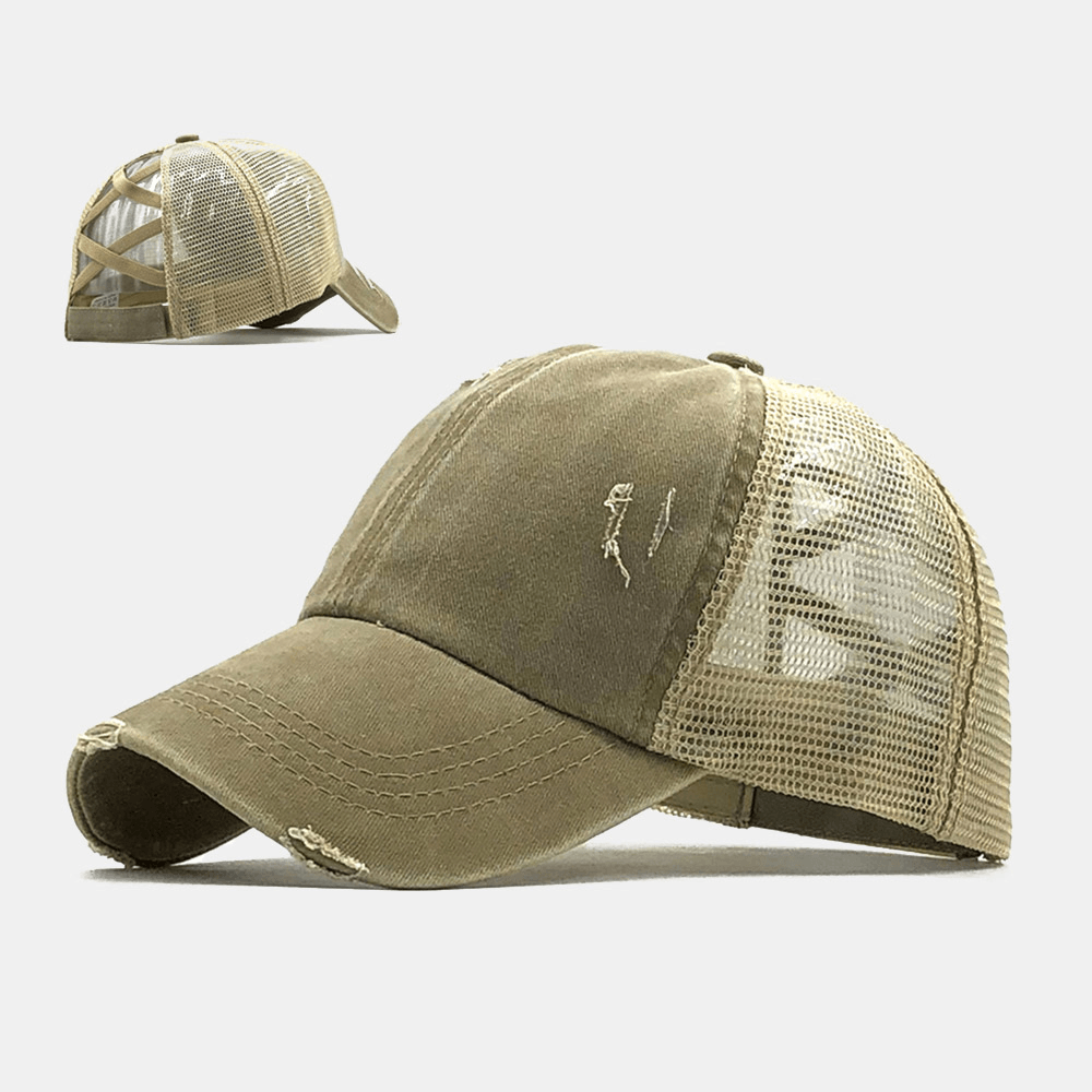 Unisex Camouflage Stretch Fit Cap Mesh Breathable Trucker Hat Cross Ponytail Baseball Cap - Trendha