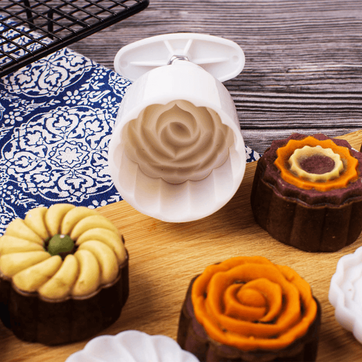 Round Mooncake Pastry Mold 50G Hand Press Mould Flower Pattern Festival Decor DIY Decor W/ 6 Stamps - Trendha