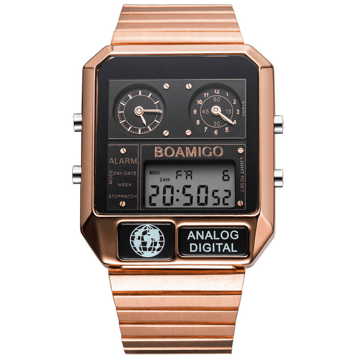 BOAMIGO F928 Fashion Men Digital Watch Date Week Display Chronograph 3 Time Zone Waterproof LED Dual Display Watch - Trendha