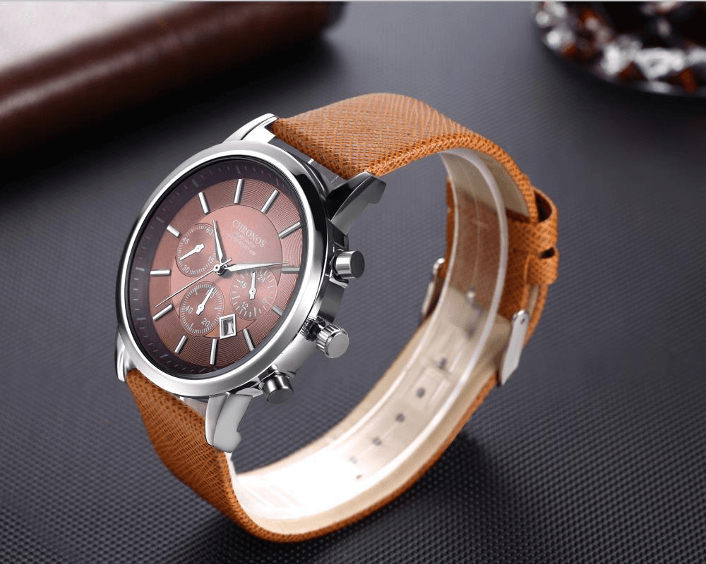 CHRONOS CH04 Fashion Men Watch Date Display Waterproof Leather Strap Quartz Watch - Trendha