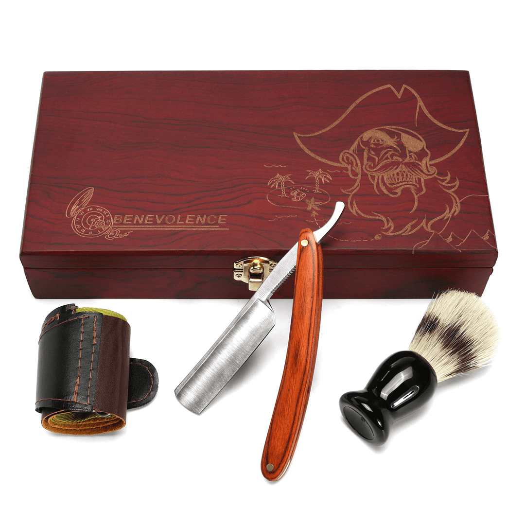 4Pcs Shaver Kit Cut Throat Straight Razor Shaving Brush Strop Wooden Box Gift Set - Trendha