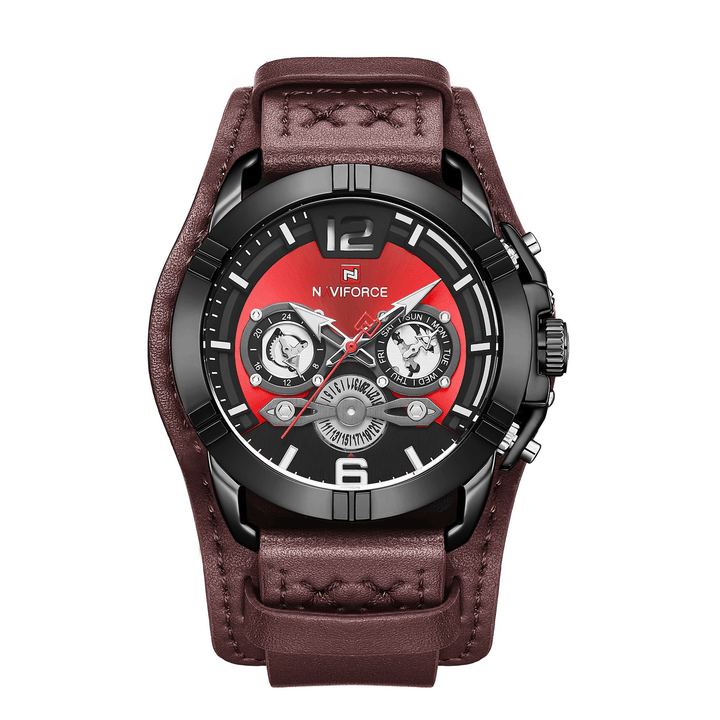 NAVIFORCE 9162 Multifunction Date Display Men Wrist Watch Genuine Leather Strap Quartz Watch - Trendha