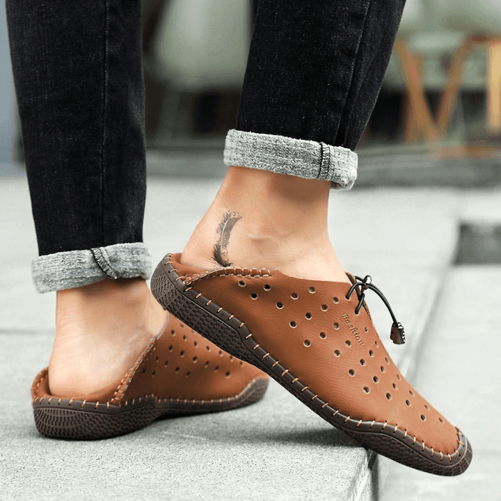 Men Leather Hand Stitching Breathable Hollow Out Soft Comfy Driving Casual Shoes - Trendha