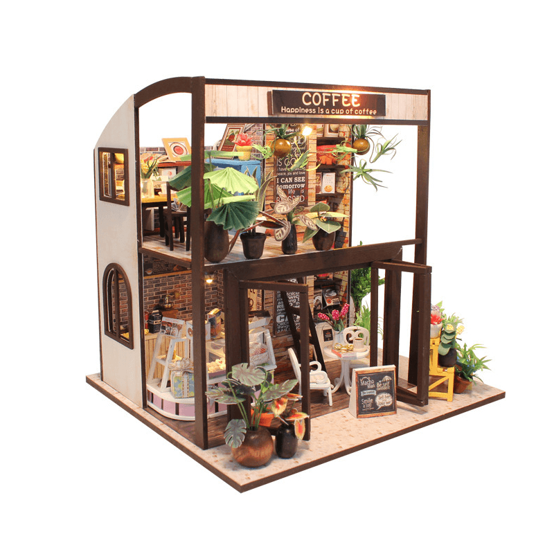 Handcraft DIY Doll House Time Cafe House Wooden Miniature Furniture LED Light Gift - Trendha